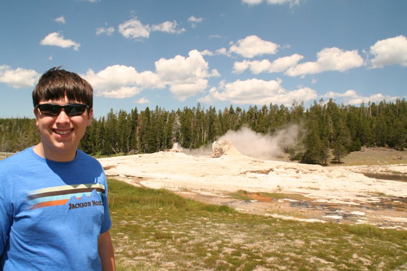 Trip (100).JPG - Kris in front of Bijou, Catfish and Mastiff Geysers at Yellowstone National Park geyser basin
